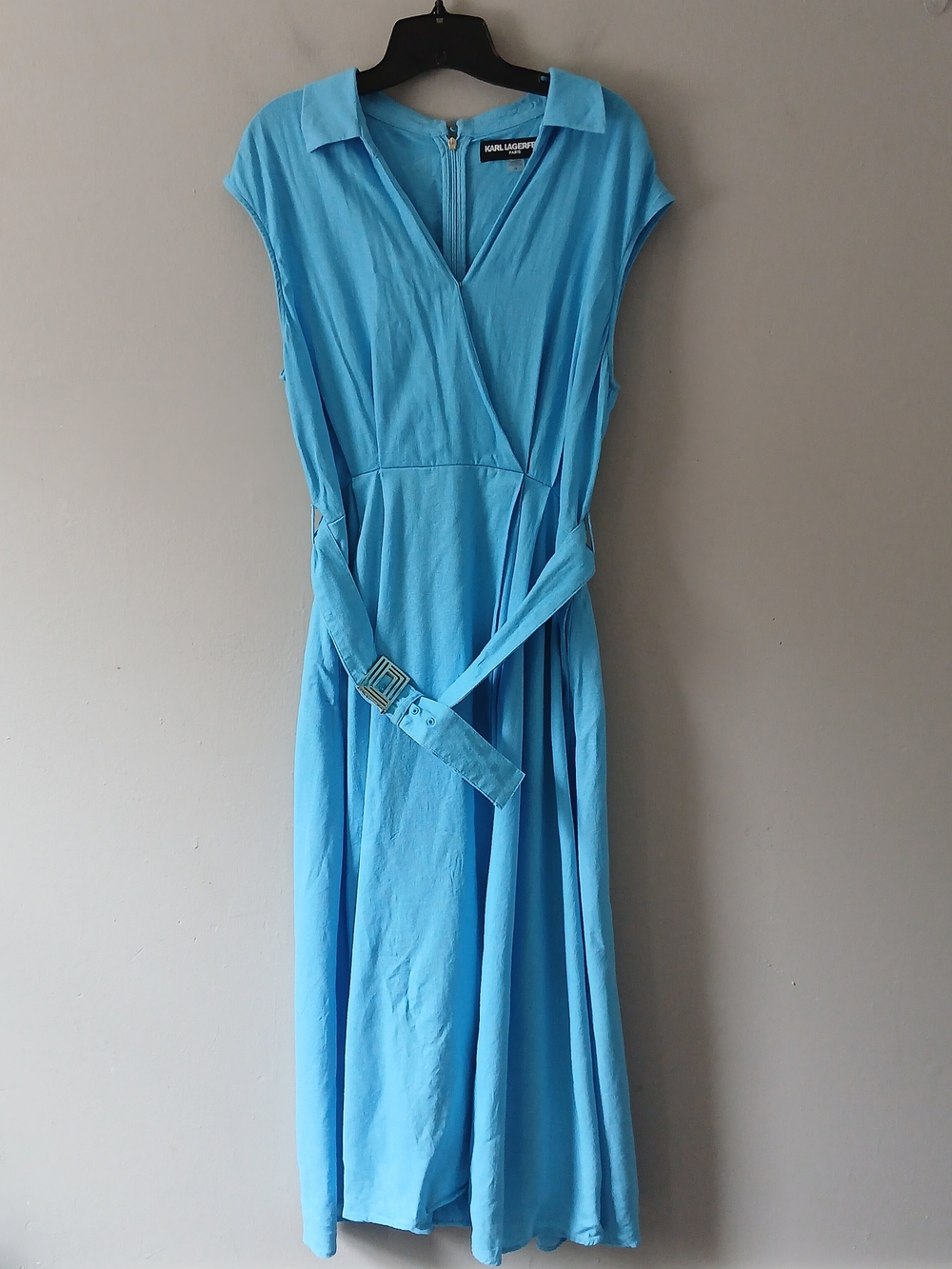 Karl Lagerfeld Women's Size 14 Belted V-Neck Midi Dress Linen Blend Blue Pockets